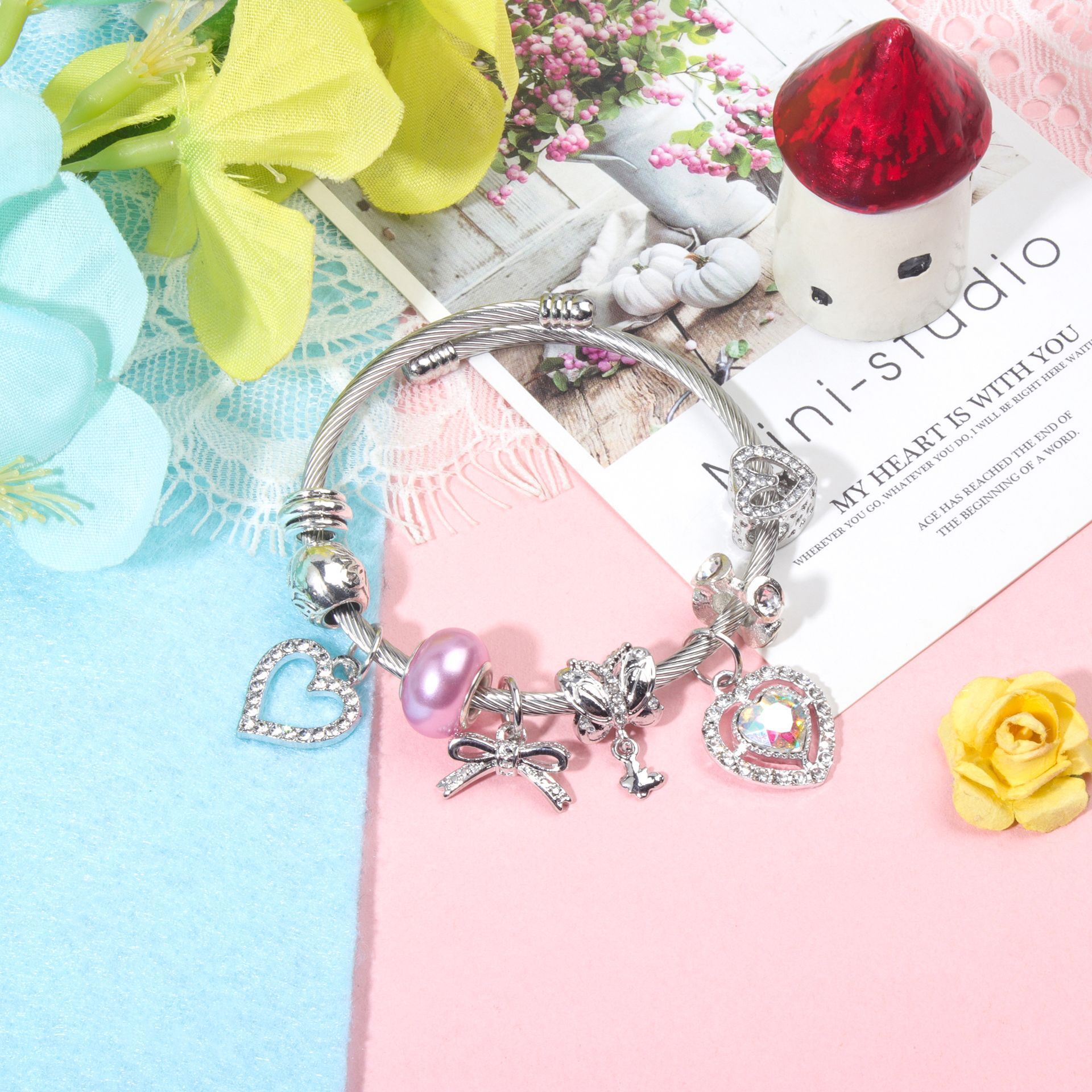 Cute Heart-shaped Beaded Bracelet with Rhinestones(18cm) โ image 3