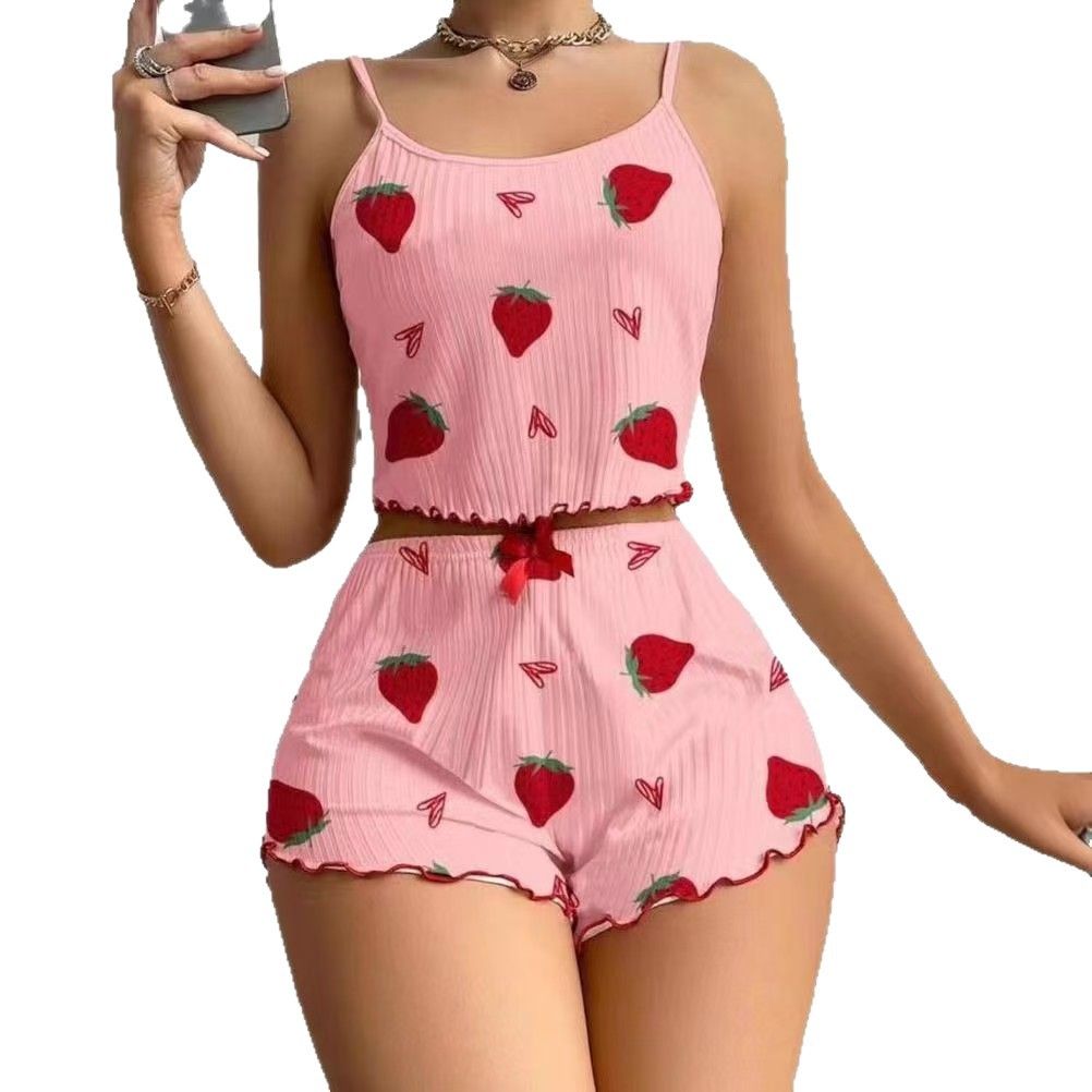 Women Sleepwear Set Summer Spandex Print White strawberry โ image 6