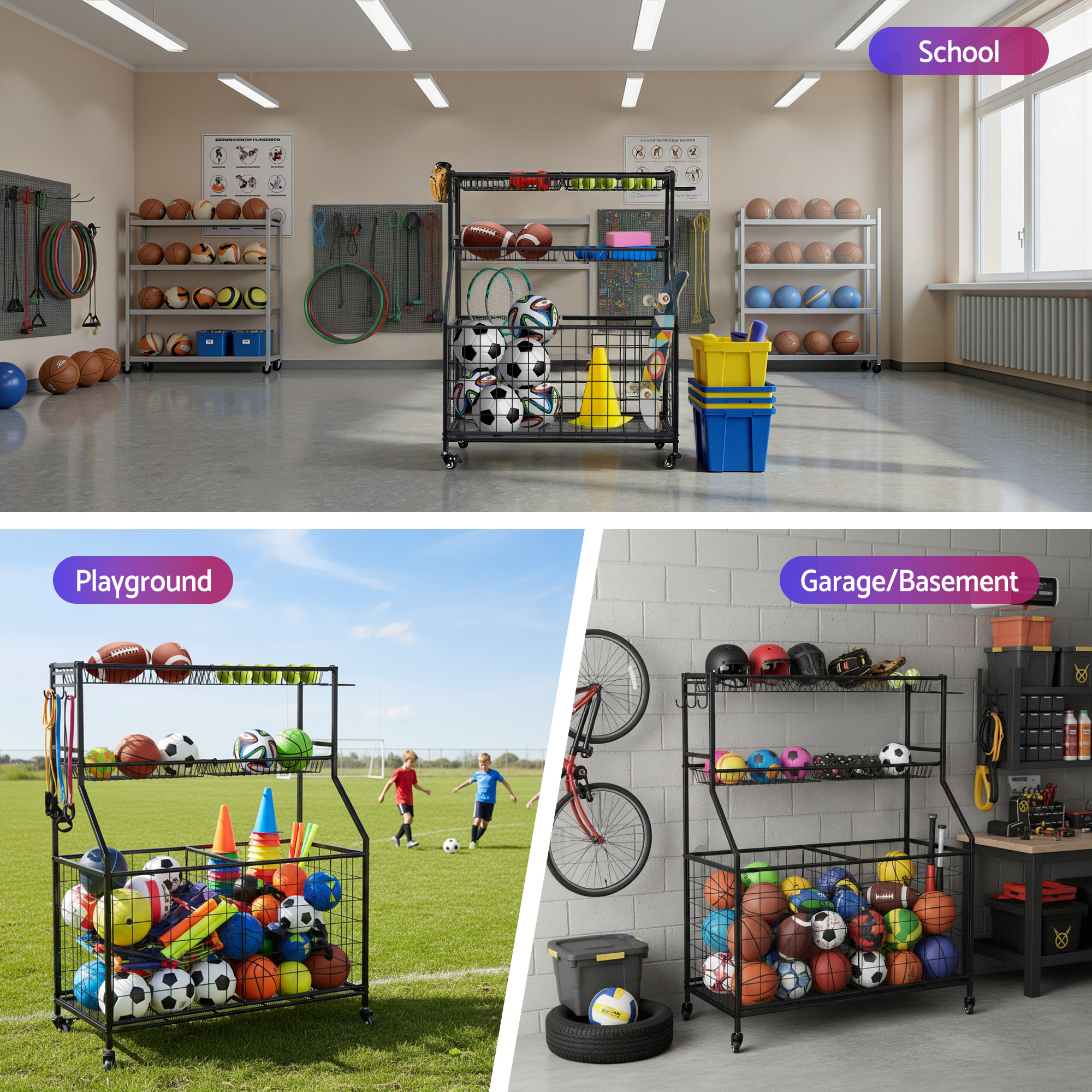 Everfit Sports Equipment Organizer Storage with Wheels Multi-Sport Garage Gym Black โ image 6