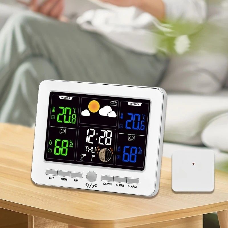 Indoor Outdoor Weather Station Color LCD Atomic Clock Barometer Forecast Dual Alarm Snooze Calendar Time Date Moon Phase Adjustable Backlight.BLACK — image 5