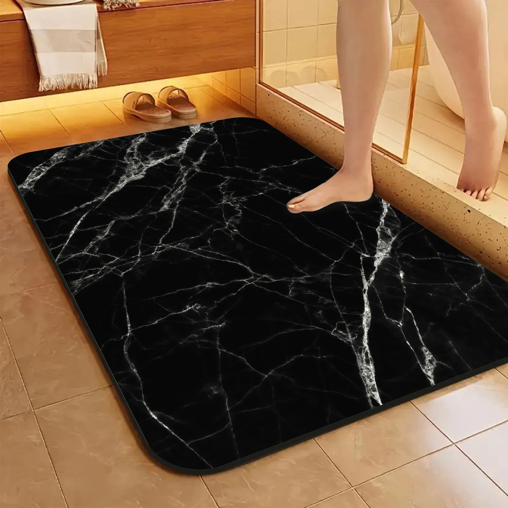 1 Piece Marble Texture Bathroom Rug, Non-Slip Quick Dry Bath Mat for Tub, Shower, Floor and Indoor Outdoor Use, Black — image 5