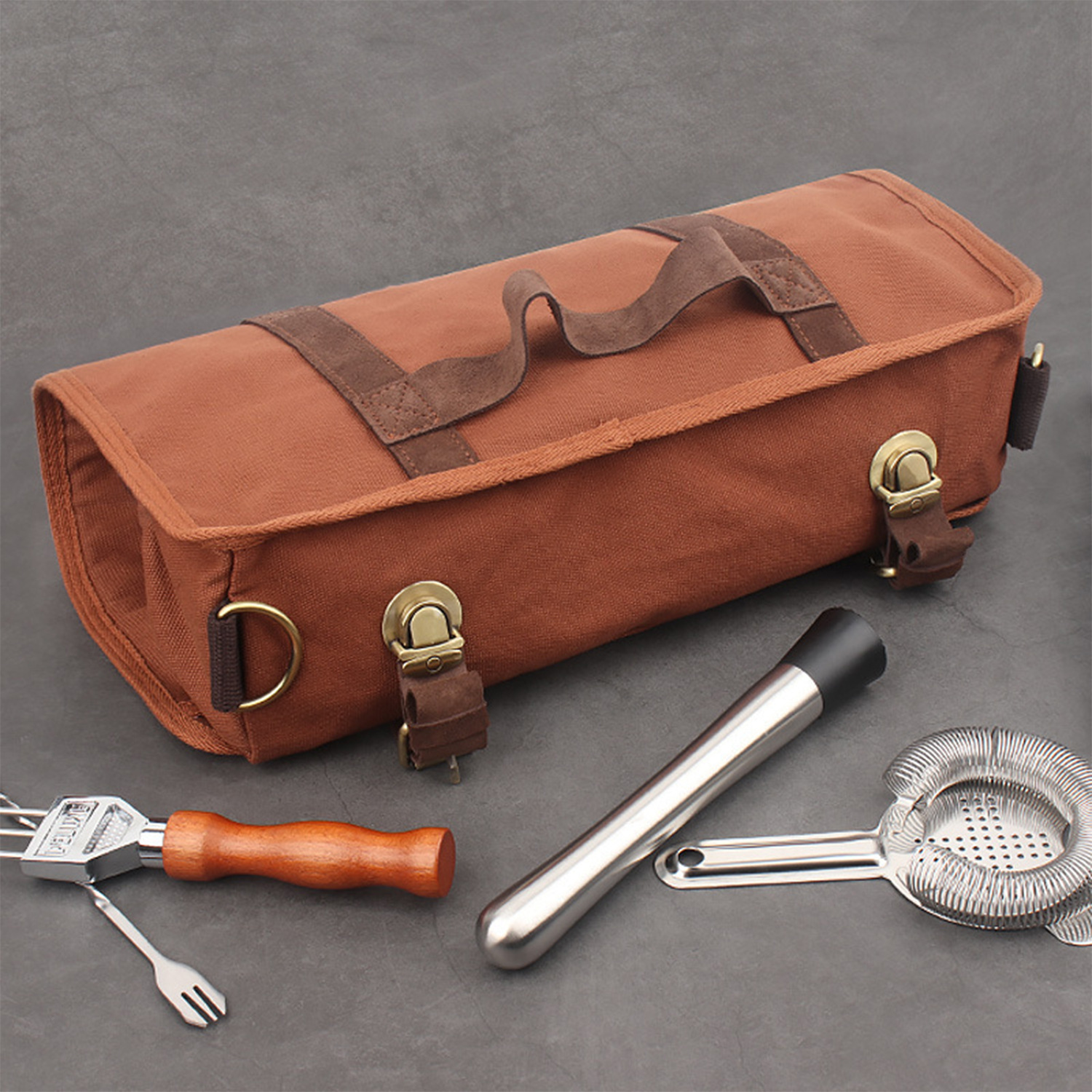 Brown Professional Bartender Kit Travel Bag - Durable Canvas Tool Organizer and Bar Briefcase with Metal Buckles (45 × 35cm) — image 3