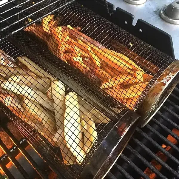 Rolling BBQ Grill Basket, Stainless Steel Mesh Cylinder for Vegetables and Meat on Gas and Charcoal Grills, Silver, 20 cm โ image 3