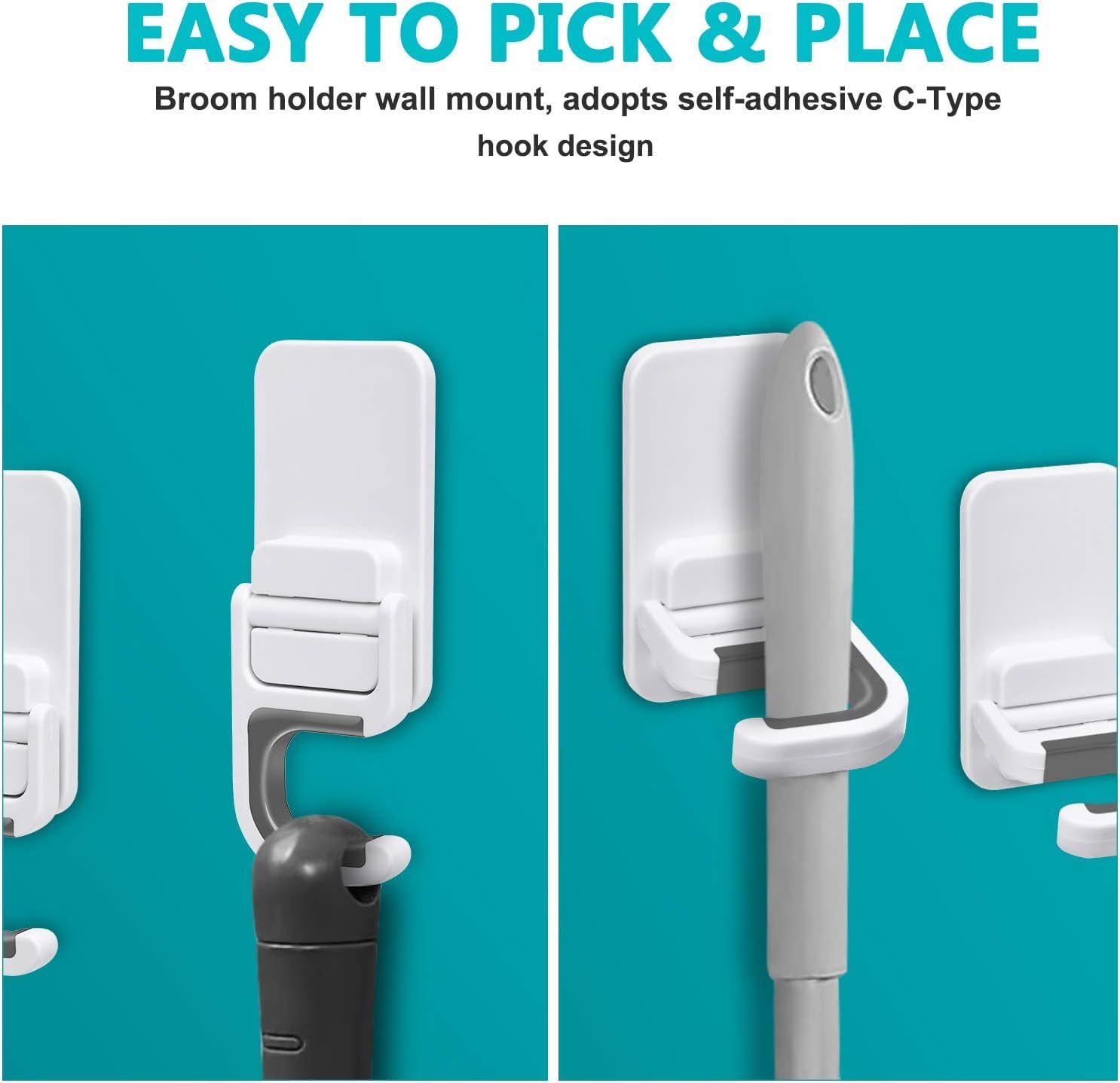 2 pcs Mop Holder Wall Mounted Holder Broom & Mop Grippers Self Adhesive Acrylonitrile Butadiene Styrene No Drilling — image 5