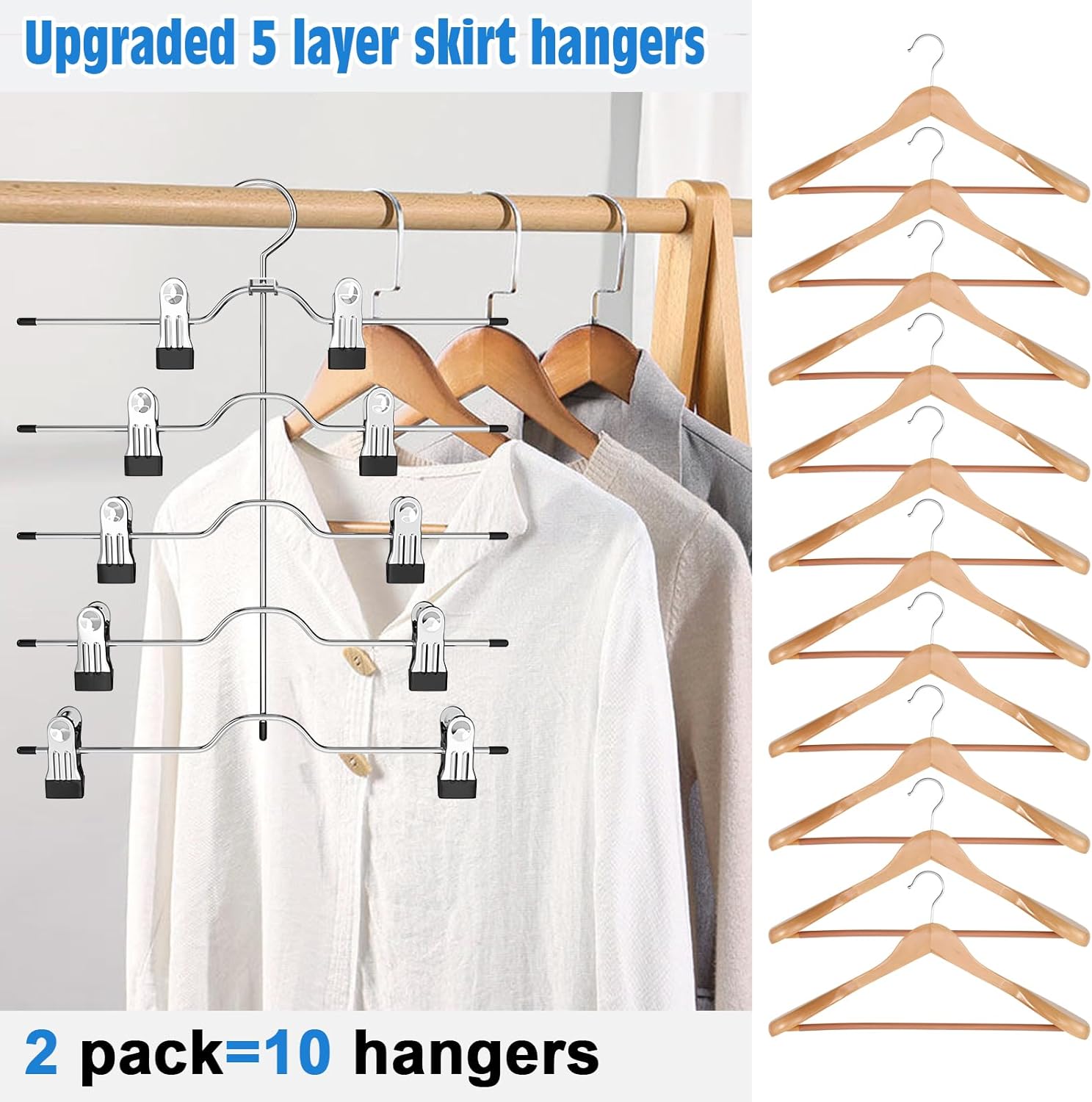 Pants Skirt Hangers with Clips, 2 Pack Pant Hangers Skirt Hangers Space Saving Closet Hanger Organizer Closet Organizers and Storage — image 3