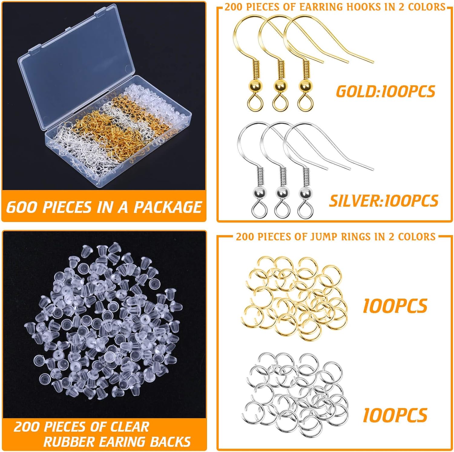 Hypoallergenic Earring Hooks, 600Pcs Earring Making Kit with Earring Hooks, Jump Rings and Clear Rubber Earring Backs for DIY Jewelry Making — image 2