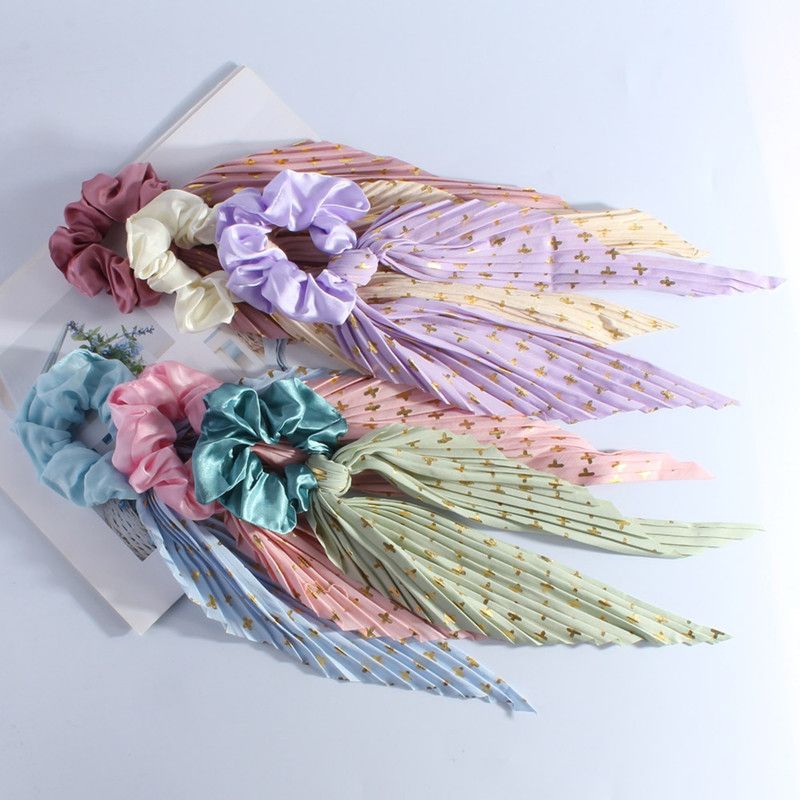 Printed Pleated Scarf Scrunchie, Elegant Long Ribbon Hair Tie for Women—Ponytail Hair Accessories (3-Pack)—Yellow — image 6