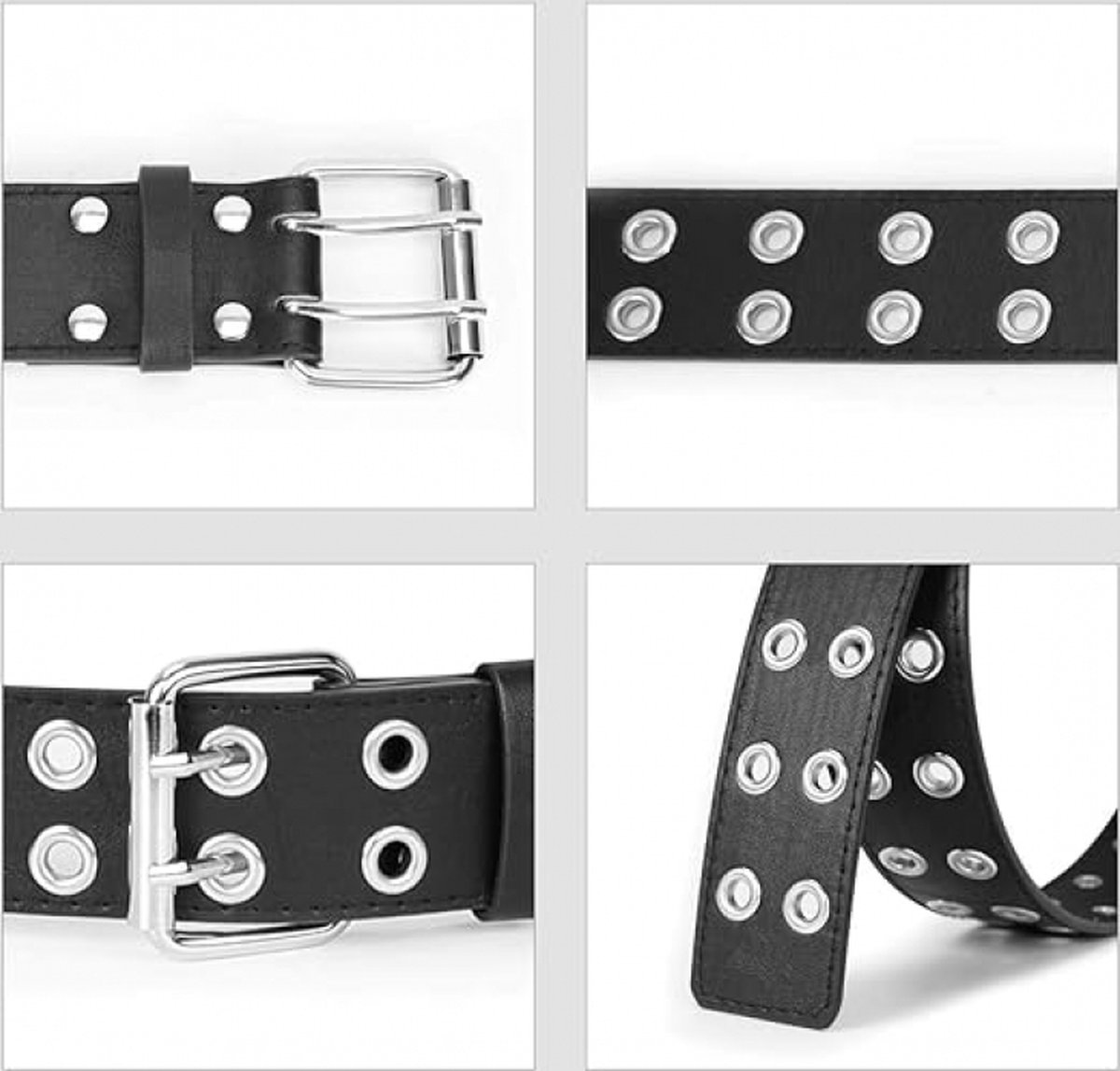 Women's Belt - Waist Belt - Ladies Leather Belts - PU Leather Punk Belt - Dress Accessory - Fashion - 110 × 3.8cm - Black - Double Grommet Belt with Buckle — image 2