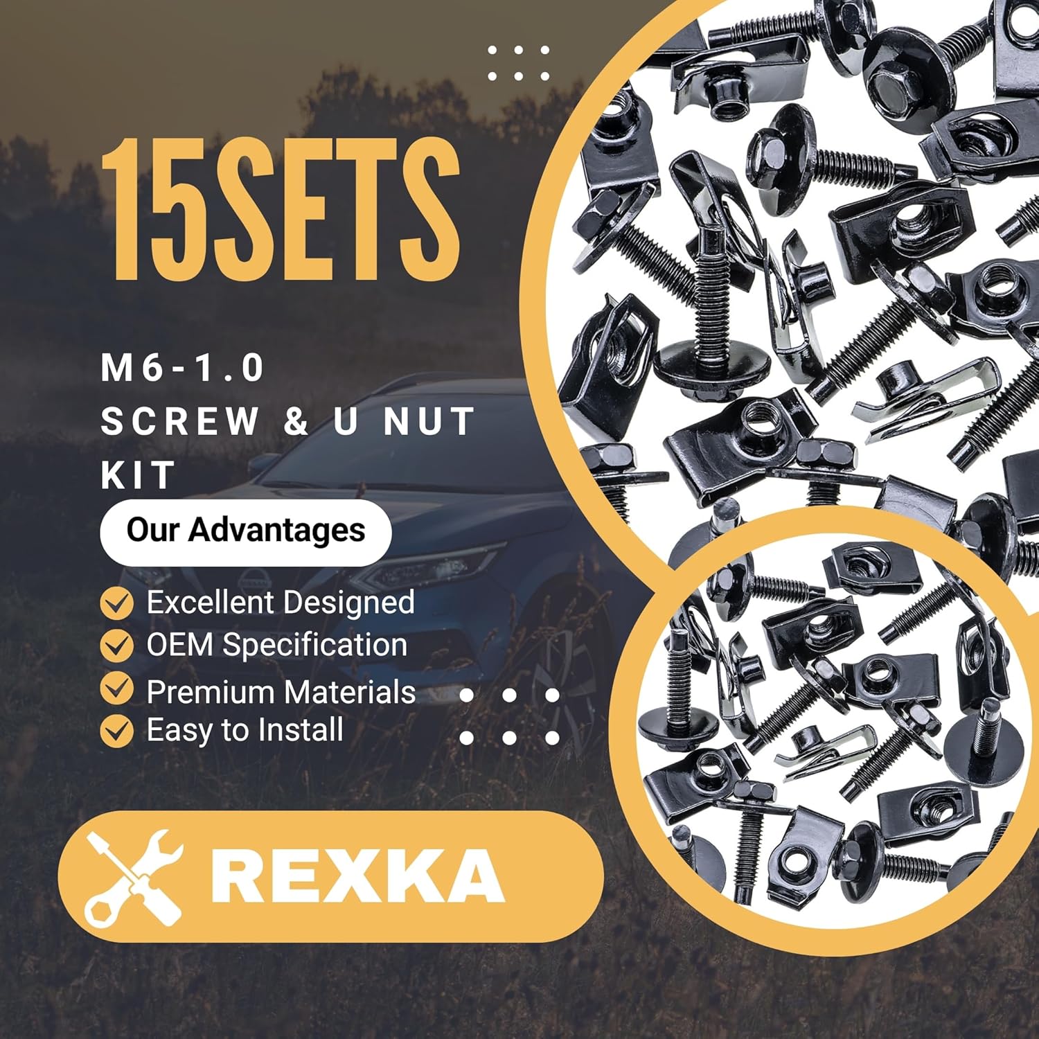 Rexka 15 Sets M6-1.0 Extruded U Nuts & Hex Head SEMS Body Bolts Kits for GM Ford Chevy Chrysler Jeep Dodge - Multipurpose - Bumper Fender Splash Shield Under — image 2