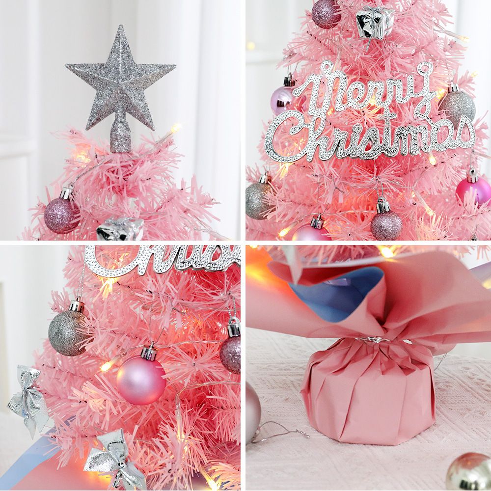 45cm Pink Mini Christmas Tree | Natural Log Base, Pink & Blue Wrapped Design, Star Topper, Letter Sign, Ornaments & Bows, Sweet Desktop Holiday Décor (No — image 6