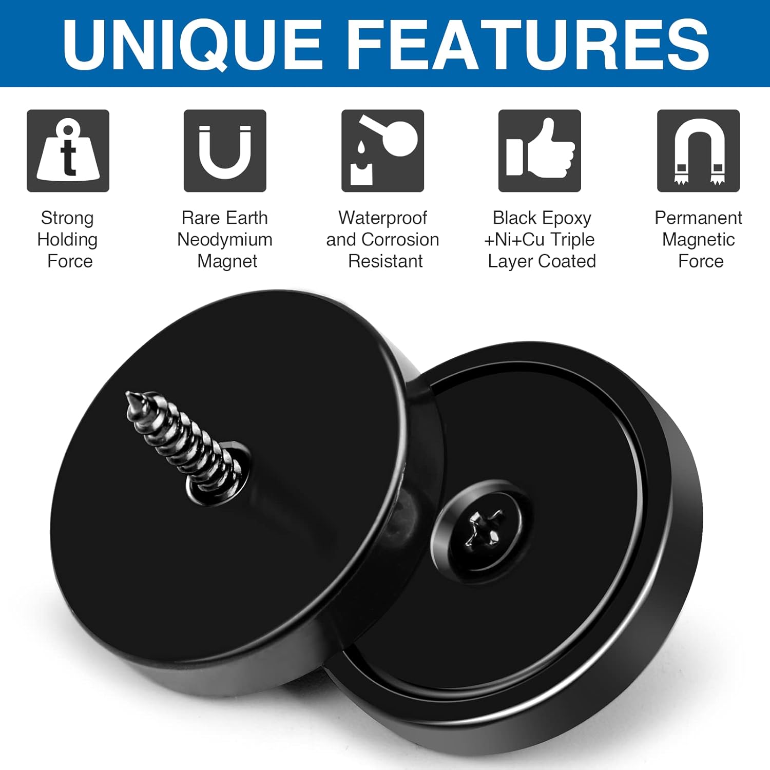 Magnets with Holes, 70 lb+ Waterproof Strong Neodymium Cup Disc Screws for Wall Mounting, Lifting Tools - Pack of 6 Black 70lb-6p — image 4