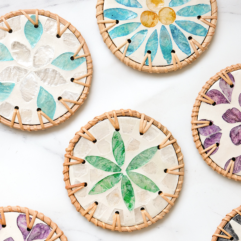 4 Pcs Beige Background With Blue and Pink flower Handcrafted Rattan Coaster with Natural Shell Inlay - Decorative & Heat Insulating Drink Mat โ image 3