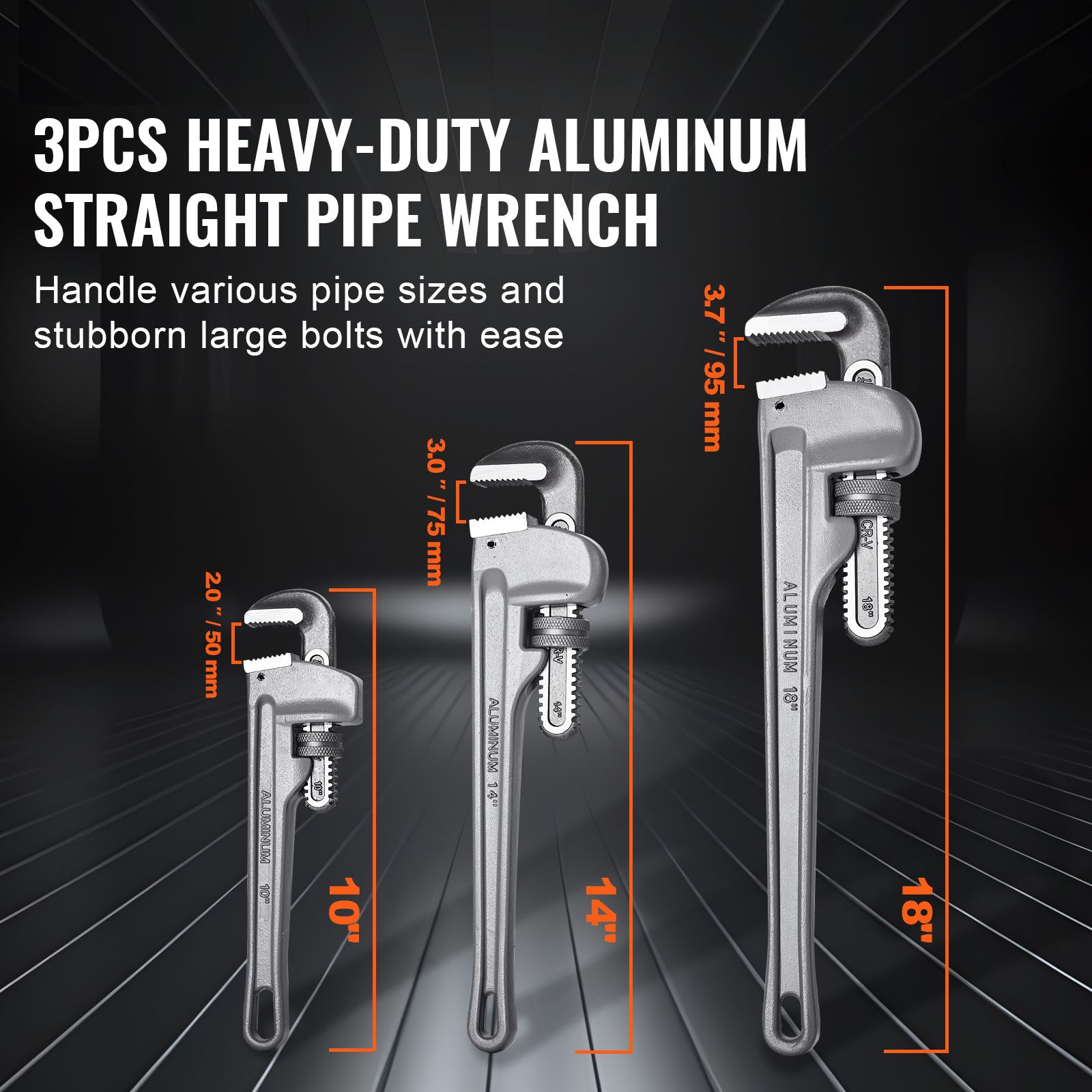 3-Piece Pipe Wrench Set, 10" 14" 18" Aluminum Straight Pipe Wrench, Adjustable Plumbing Wrench, with High Strength Jaw and Ergonomic Handle, Hangable Design — image 2