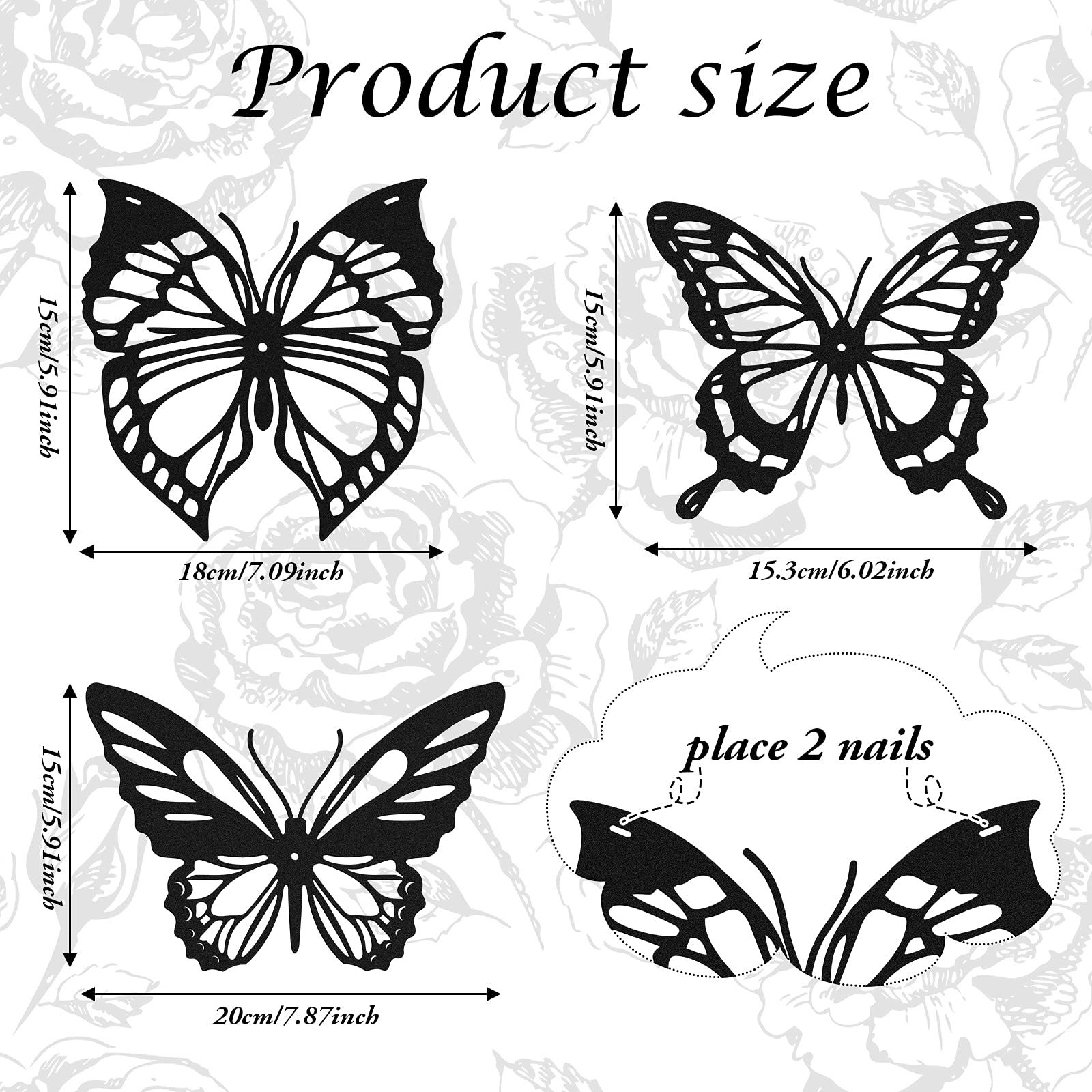 3 Pcs Butterfly Metal Wall Decor Dragonfly Hummingbird Butterfly Metal Wall Art Hanging Wall ustic Home (Black, Graceful Style) โ image 3