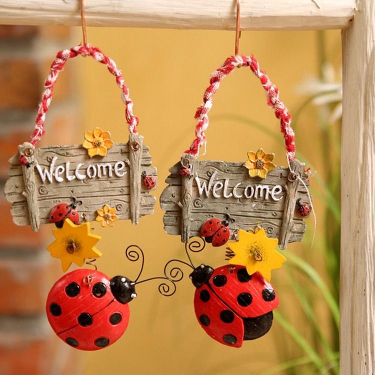 2pcs Ladybug Welcome Sign Outdoor Wreath Hanger Rustic Home Decor Spring Front Door Wreath Rustic Decor Wreaths for Front Door — image 2