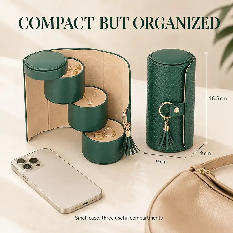 โจ Travel Jewellery Organizer Case | Textured PU Leather with Tassel | 3 Compartments for Rings, Earrings & Necklaces | Compact Gift for Her/Grey โ image 5