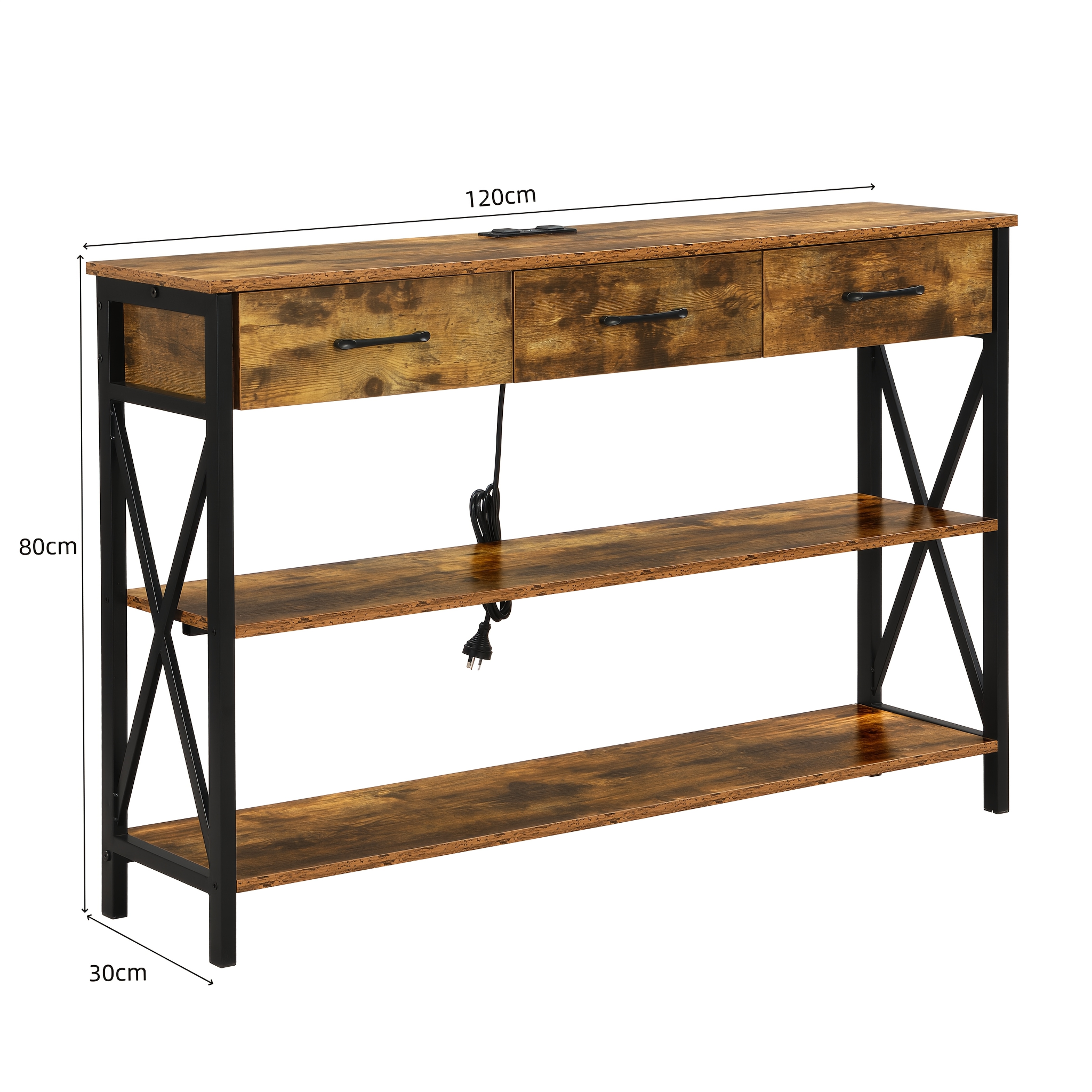 Console Table with 3 Drawers, Industrial Entryway Table with 3 Tier Storage Shelves โ image 2