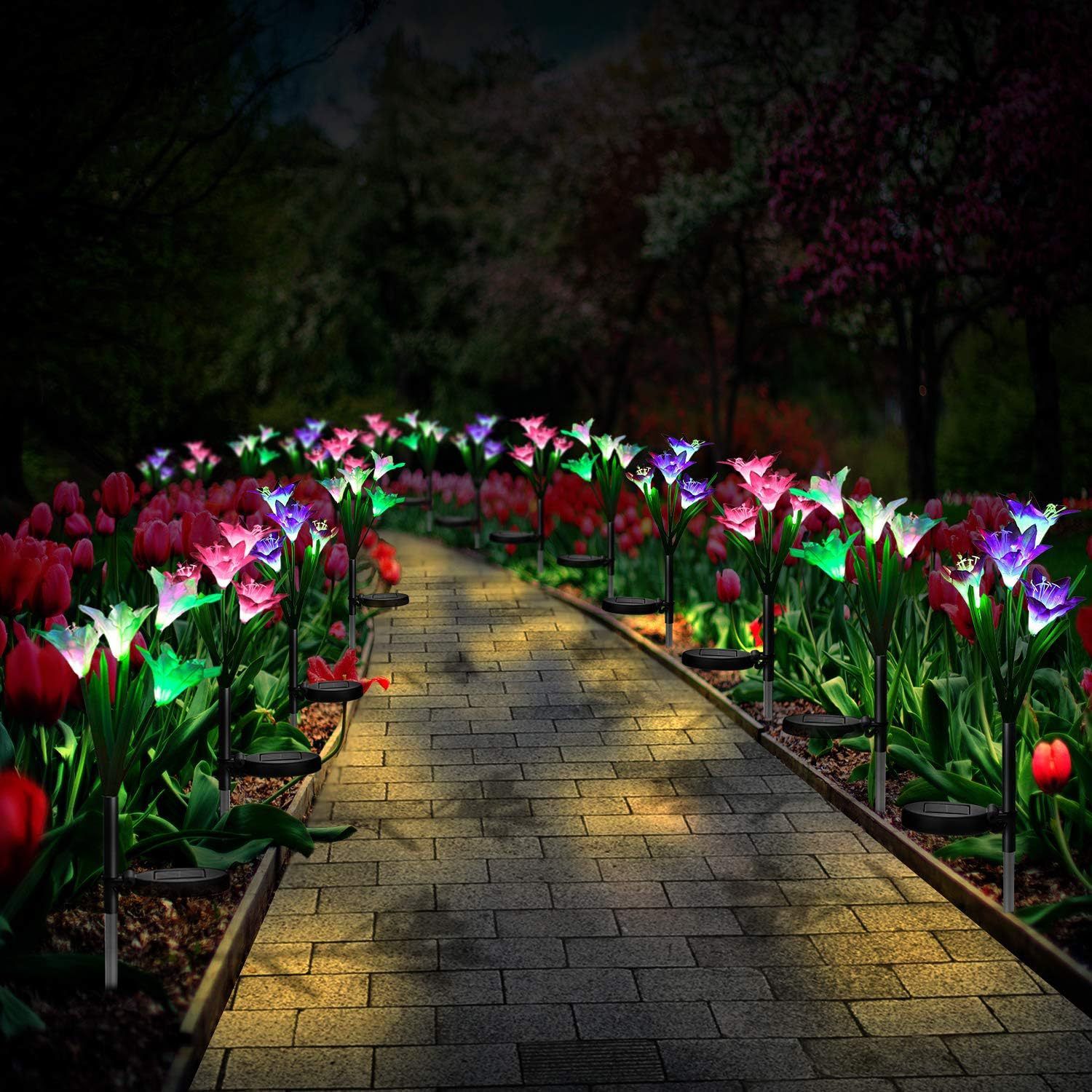 Outdoor Solar Lights, 4 Pack Solar Garden Lights with Bigger Lily Flowers, Waterproof 7 Color Changing Solar Lights Outdoor — image 5