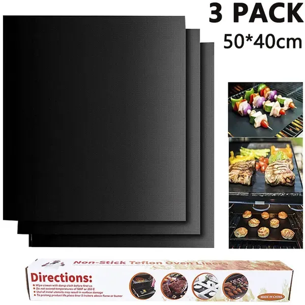 3 Pack Grill Mats Non-Stick Reusable PTFE Fiberglass BBQ Mats for Gas and Charcoal Grills Black 50 × 40 cm