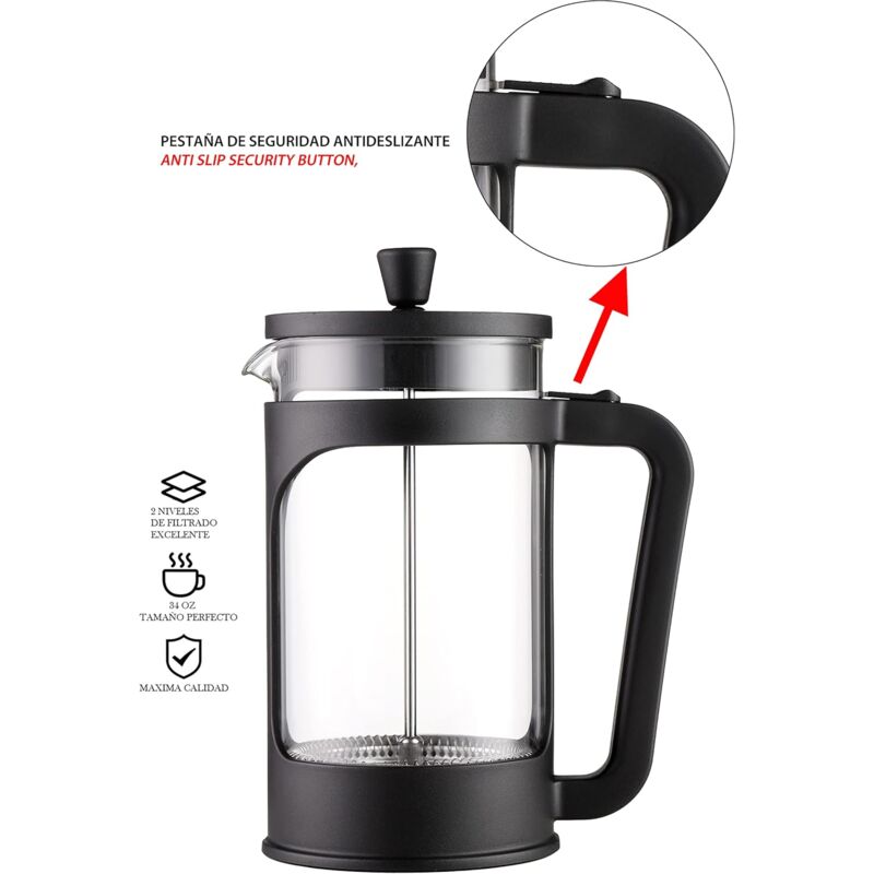 1 Liter/34 Oz French Press Coffee/Tea Maker Heat Resistant Borosilicate Glass, Stainless Steel Filter & Black Lid โ image 3