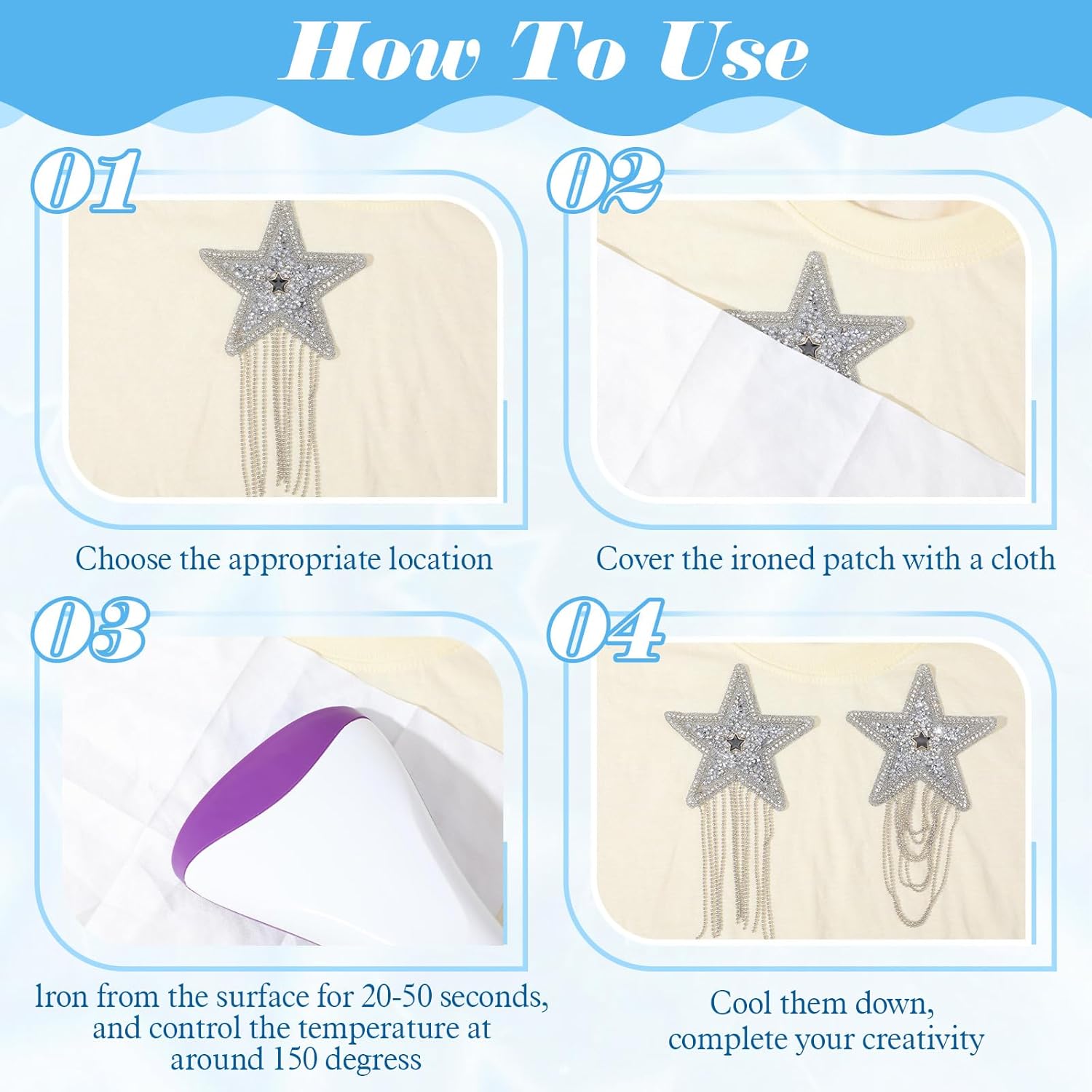 6PCS Rhinestone Star Iron on Patches, Shiny Silver Rhinestone Tassel Star with Chains Glitter Sequin Patches for Trucker Hats Jeans Bags Backpacks Jackets — image 3