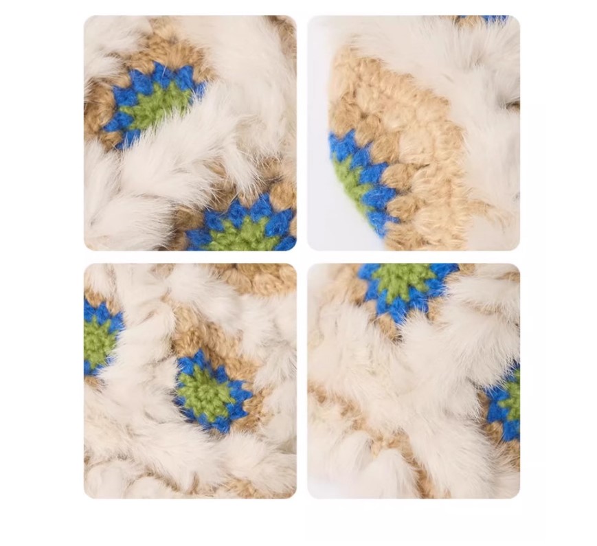 Plush Floral Bucket Hat, Warm Crocheted Winter Hat in Khaki-Hat circumference: 56-60cm โ image 5