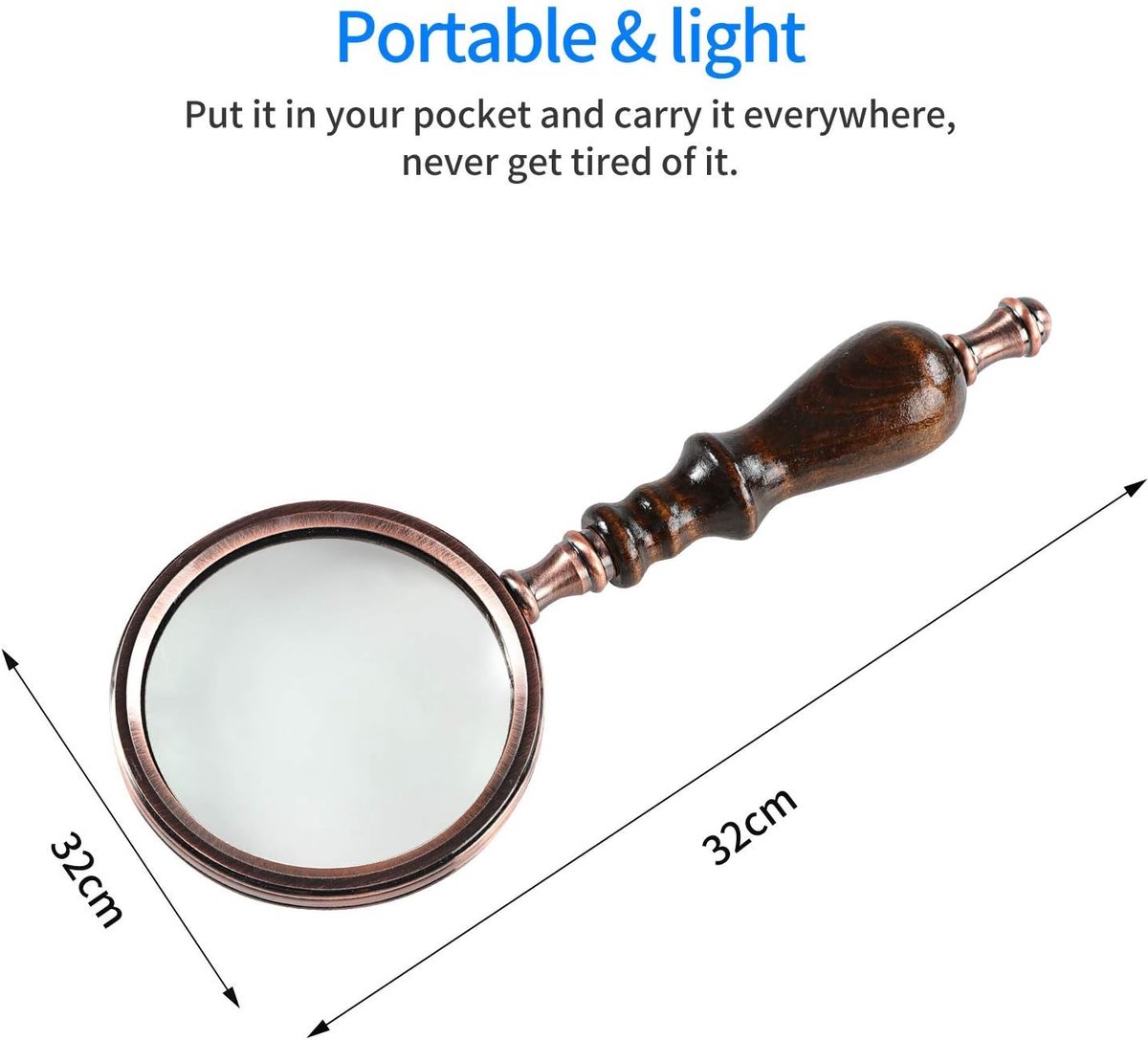 Magnifying glass - 10x magnification - 8.5 × 22.5 cm - wooden handle - Vintage - best reading magnifier — image 5