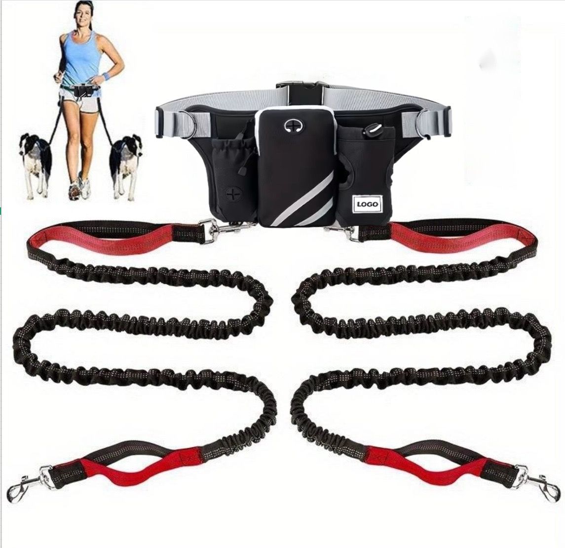 Hands-Free Dual Dog Leash Waist Pack for Running, Walking, and Hiking – Adjustable Oxford Belt with Reflective Strips, Shock-Absorbing Bungee Leashes, 360°