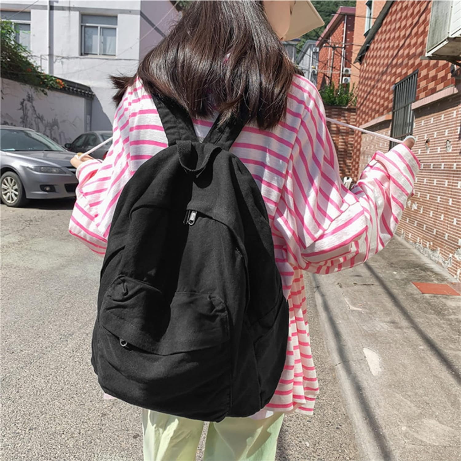 Vintage canvas backpack for women men travel backpack solid color simple backpack laptop backpack rucksack Black โ image 4