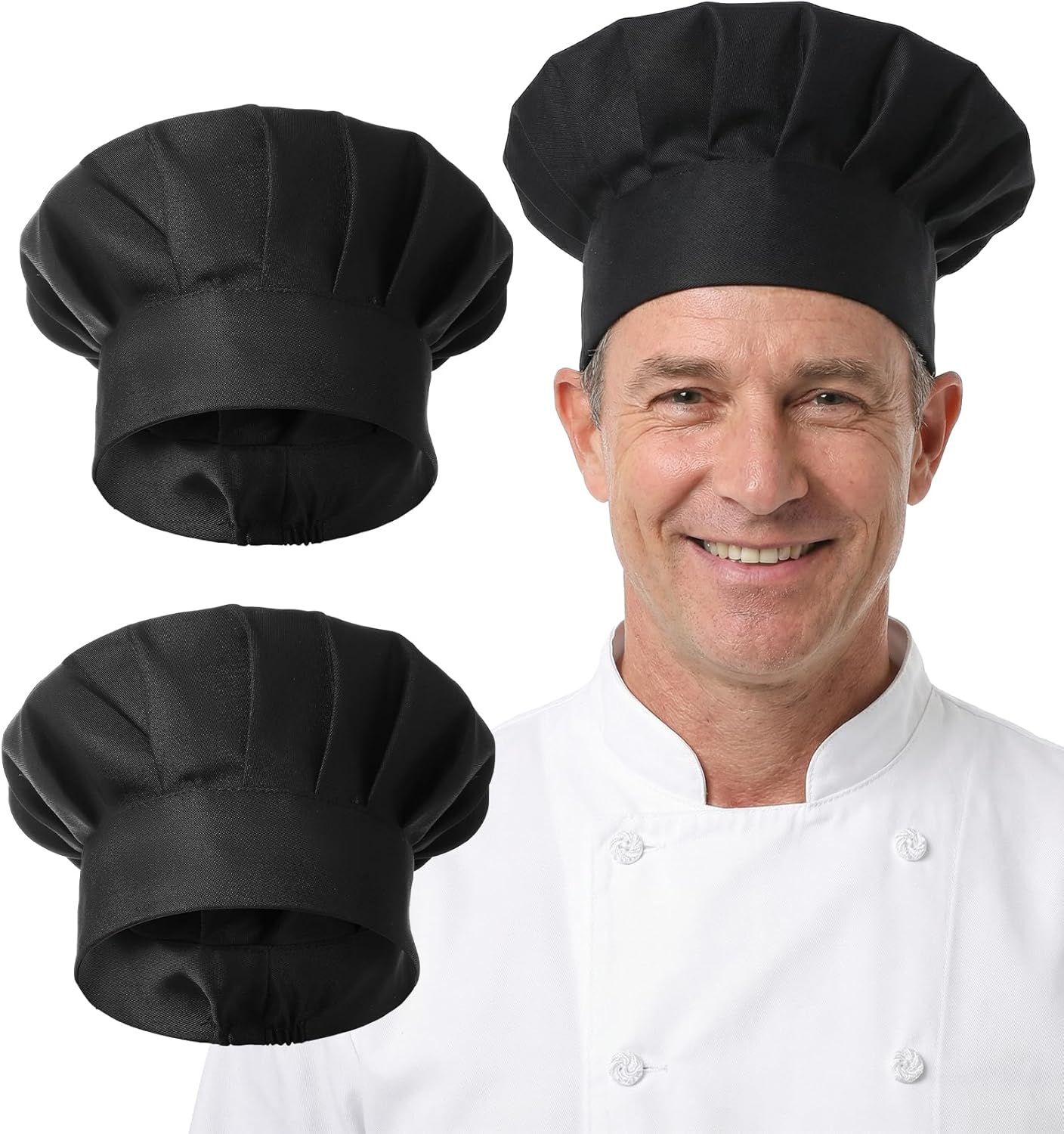 2PCS Black Chef Hat, Chef Cap for Men & Women, Breathable Baker's Hat for Cooking, Kitchen, Reusable & Washable