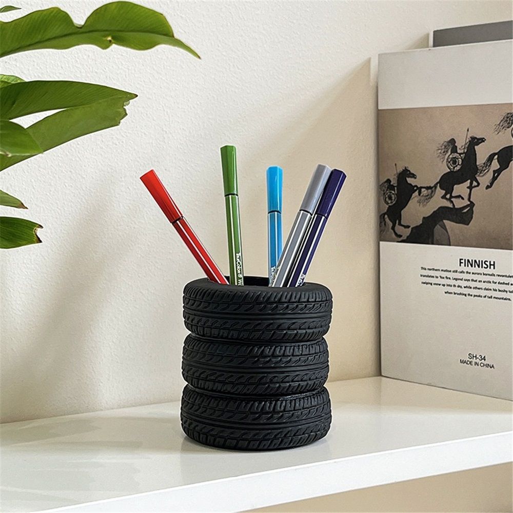 Tire Shaped Pen Holder for Desk, Novelty Office Decor, Tabletop Pencil Holder, Black Pen Organizer with Base, car enthusiasts Mechanic Present โ image 4