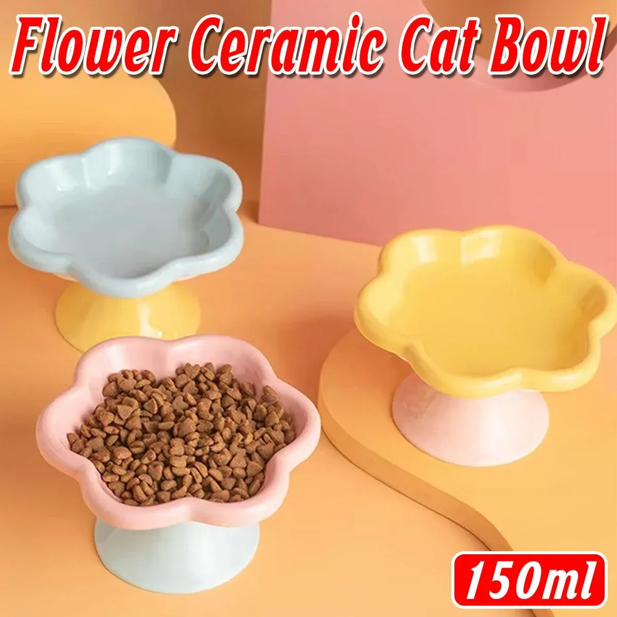 Flower Ceramic Cat Bowl Pet Food Bowl Snack Tray for Cats and Small Pets Feeding - Yellow β image 2