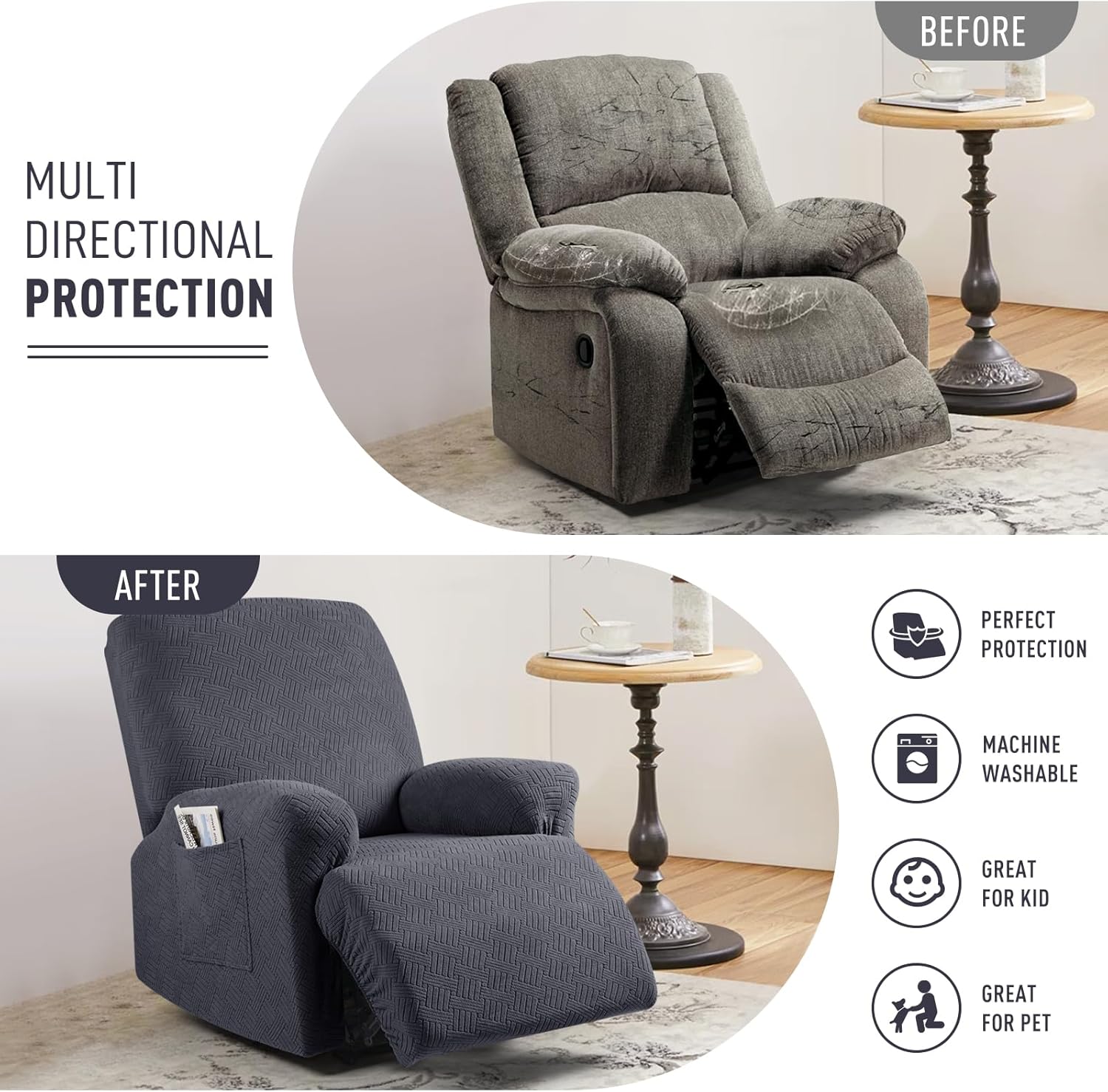Recliner Covers, Stretch Reclining Chair Covers, Recliner Sofa Slipcovers Stripe Jacquard Recliner Couch Covers Furniture Protector Covers for Pet Kid (1 — image 4