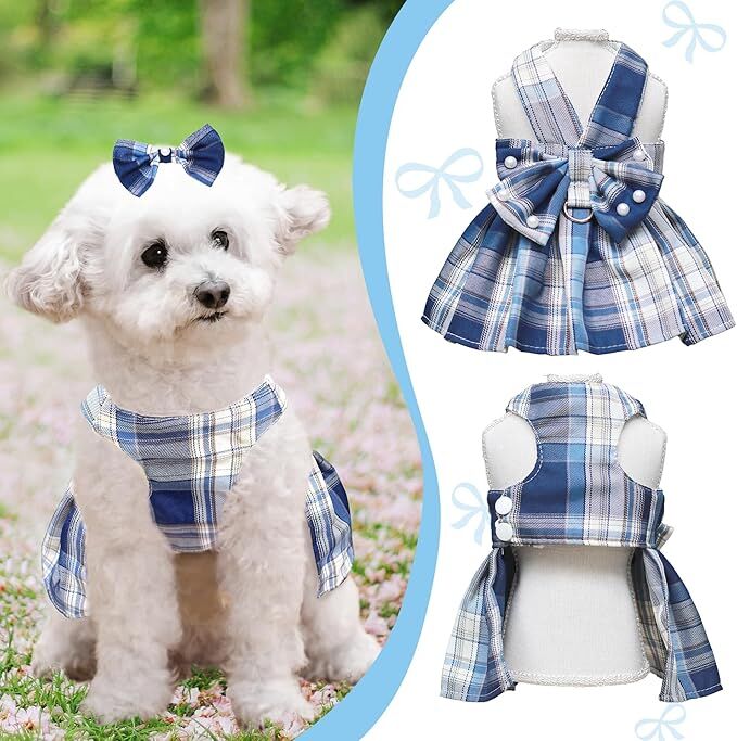 pet products Dog Dress Bowknot Harness Leash Set for Small Dogs Girl Cute Plaid Dog Dress Pearls Bow Tie Spring Summer Princess Clothes Birthday Holiday Doggie — image 2