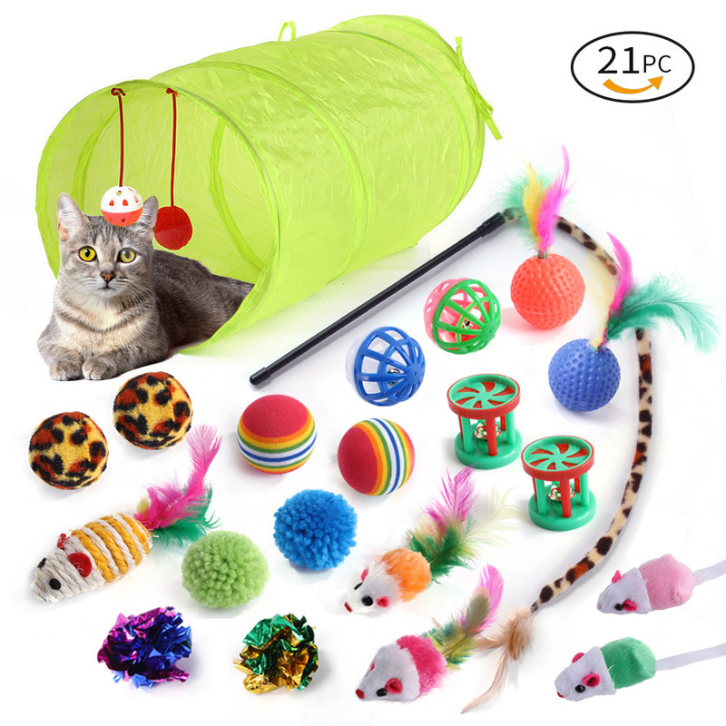 pet products Super Set (21 Pcs) - Cat Tunnel, Teaser, Mice, Jingle Balls, & Pom Poms. (Note: accessory colors are shipped randomly)
