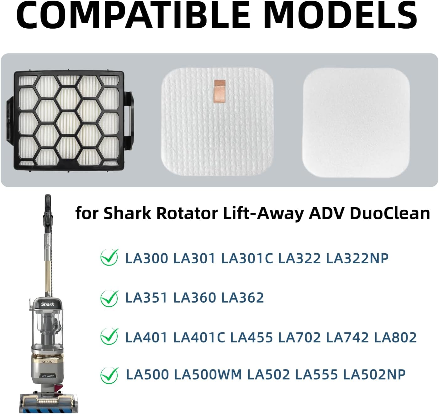 LA300, LA401, LA455 Filter Replacement for Shark LA502, LA500, LA301, LA555, Rotator Navigator Lift-Away ADV DuoClean PowerFins Upright, Washable/Reusable — image 2
