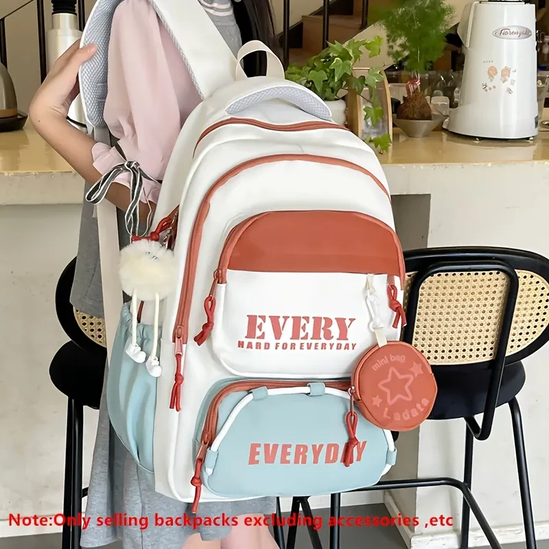 Color-Block Multi-Functional Backpack | Letter Print, Large Capacity & Splash-Resistant, Main Compartment Fits Laptop, Bonus Mini Coin Pouch, Versatile for โ image 3