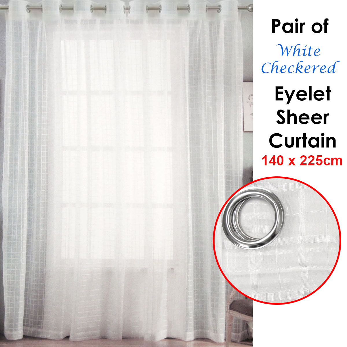 Pair of White Checkered Eyelet Sheer Curtains 140 x 225cm โ image 2