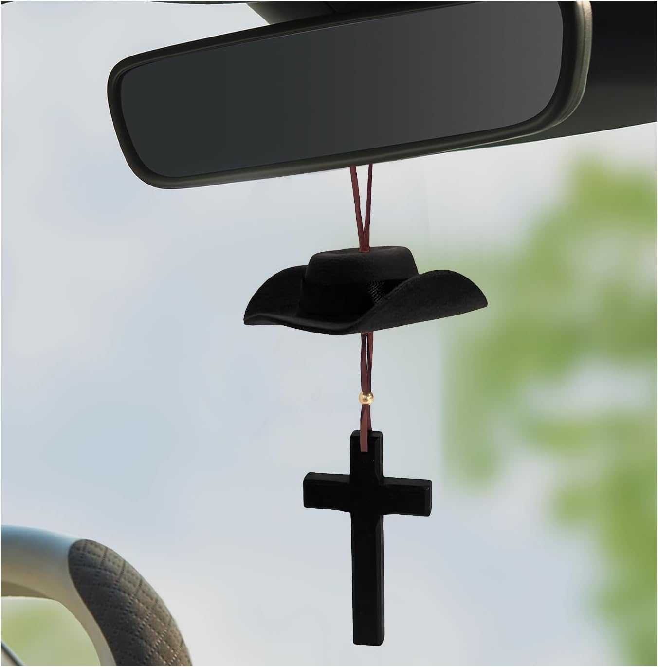 Cowboy Hat Car Charm, Rearview Mirror Felt Western Cowgirl Style Ornament with Cross, Cute Vehicle Interior Mirror Pendant Mini Hanging Decor for Men Women
