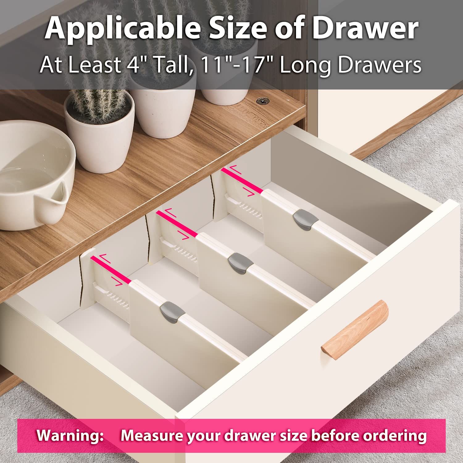 Drawer Dividers 4 Pack, Adjustable Separators High Expandable Bathroom, Closet,Clothing, Office, Kitchen Storage — image 5