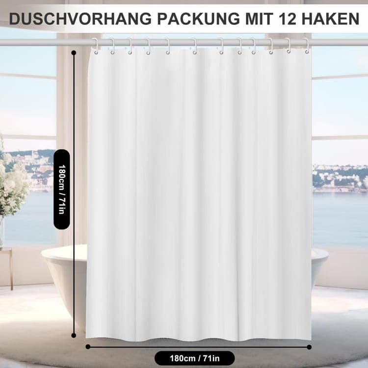 12 Hooks Waterproof Shower Curtain Solid Color Gray, 180 × 180 cm, Mildew Resistant PEVA for Bathroom — image 2