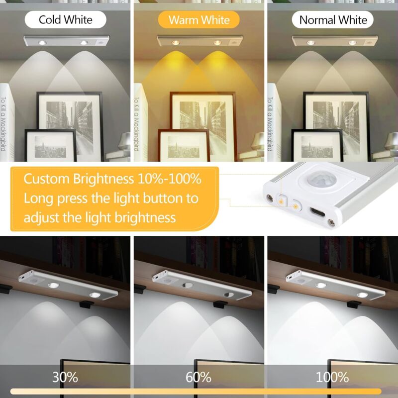 2 pcs Wireless LED Closet Lights, Dimmable Under Cabinet Lights, Motion Sensor, 3 Lighting Modes, Closet Light For — image 4