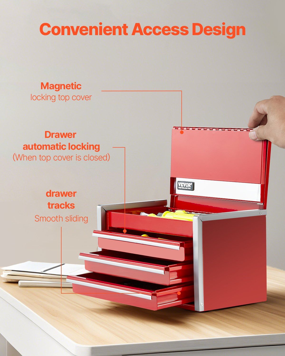 8.6-Inch Portable Metal Tool Box with 3 Drawers, Small Tool Chest with EVA Liners, PP Feet Pads, Heavy-Duty Steel, Ball Bearing Opening, Powder โ image 4