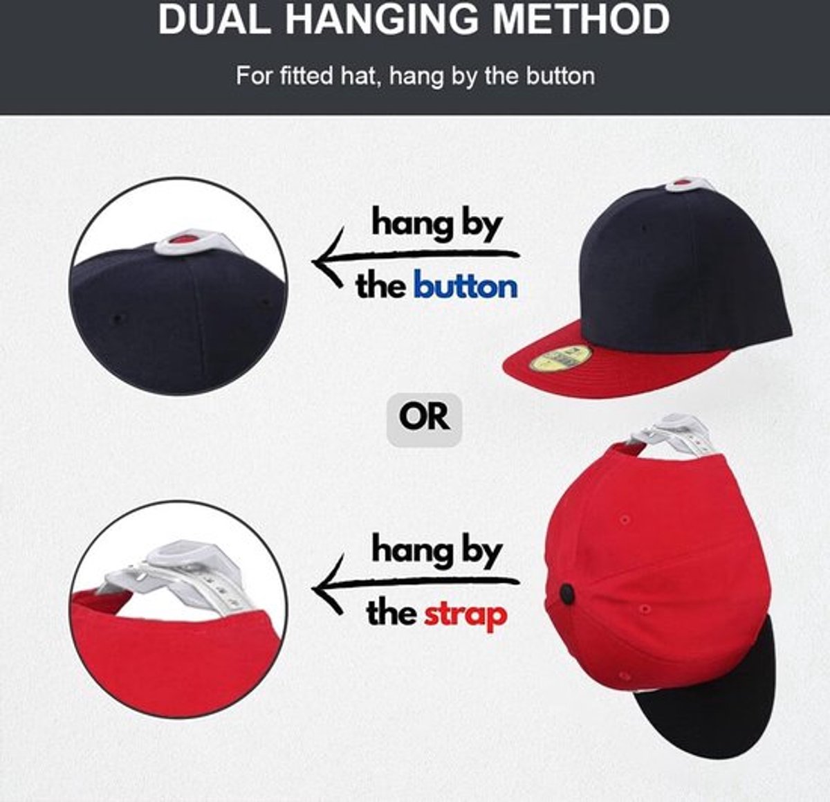 Cap Rack Set of 8 - Wall Cap Holders - Cap Hooks - With Screws and Tape - Two Installation Methods - Cap Rack Coat Rack - Cap Rack Storage System - Cap Storage — image 5