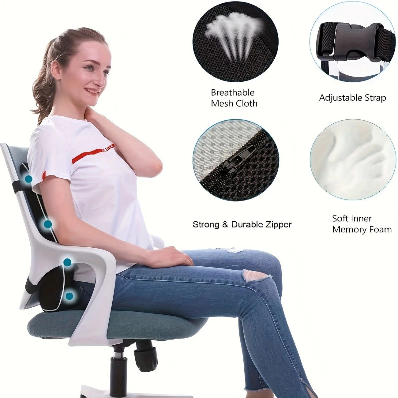 1 Lumbar Support Pillow for Lower Back and Posture - Memory Foam Cushion with Adjustable Strap, Breathable Mesh Cover and Dual Straps (Office Chair, Car — image 2