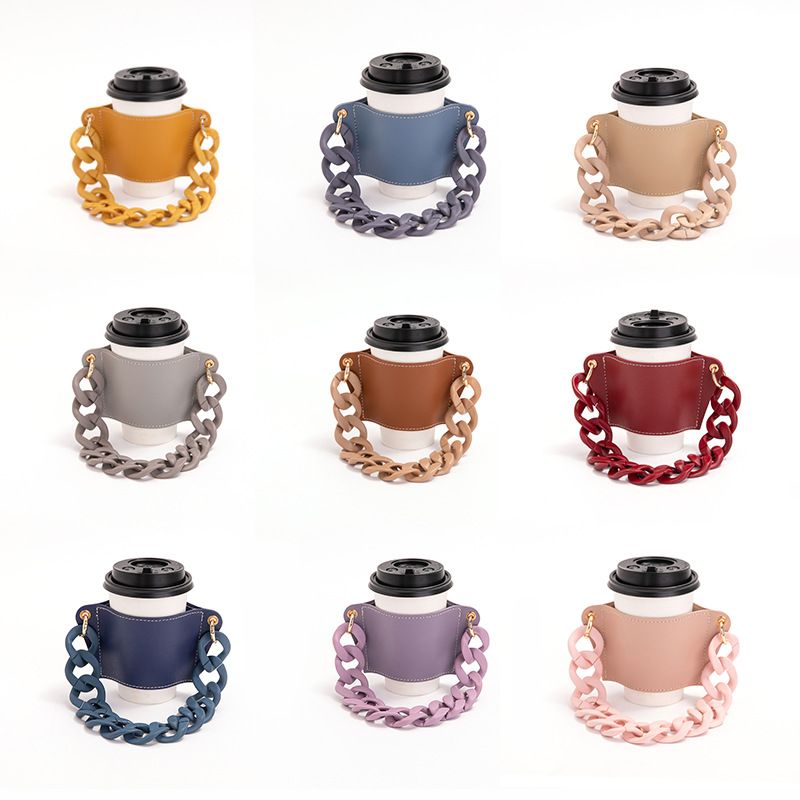 2 Pcs Purple Detachable Chain Coffee Cup Sleeve - PU Leather Insulated Cup Holder with Handle, 16cm Top, 70g(Cup not included, only cup sleeve and chain) โ image 2