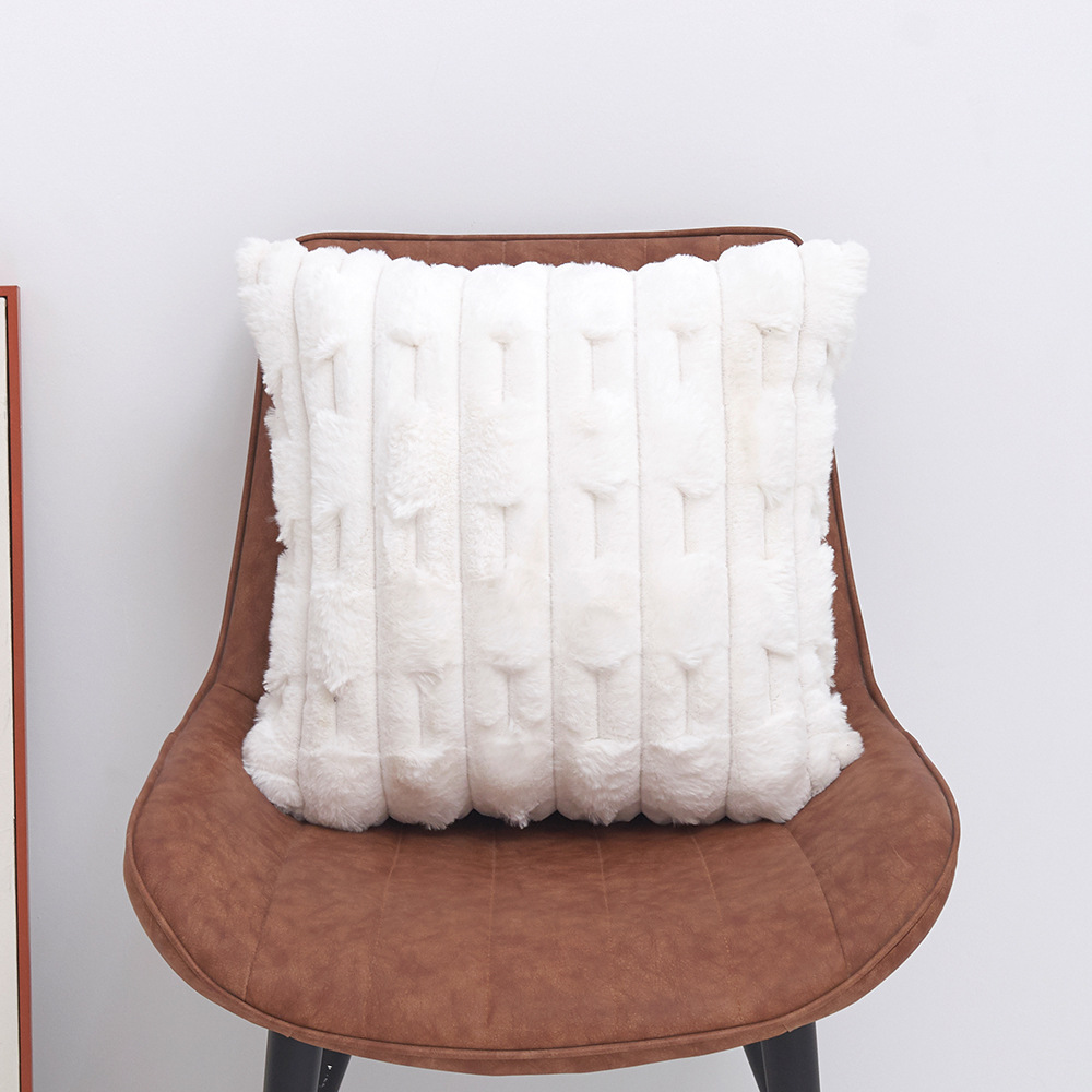 A pair of White Plush Faux Rabbit Fur Throw Pillow Cover - Textured Wheat Ear Design (45x45cm) — image 3