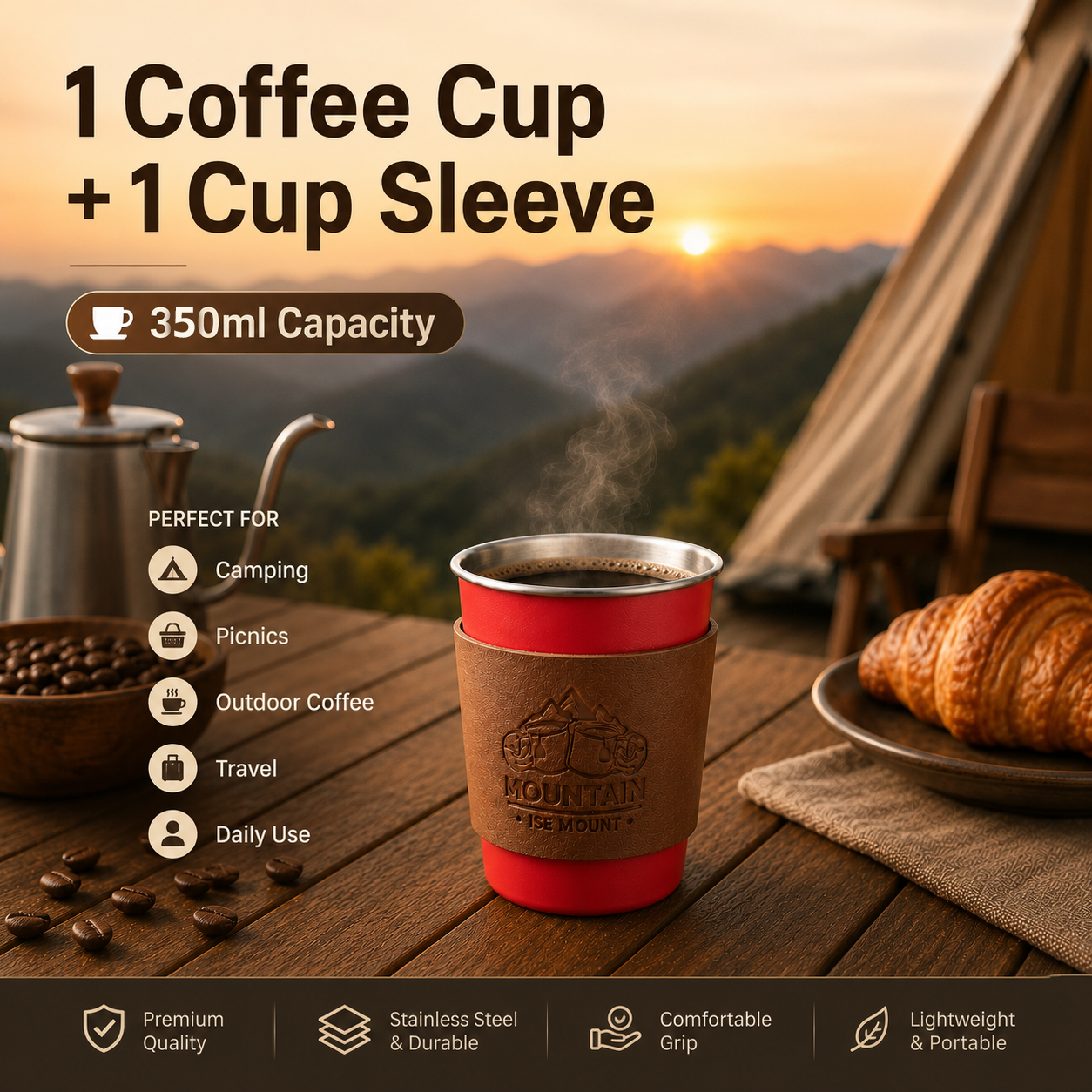 Red 304 Stainless Steel Camping Coffee Cup with Leather Sleeve โ 350ml Portable Outdoor Drinking Cup, Beer Cup, Travel Mug for Camping, Hiking, Picnic and