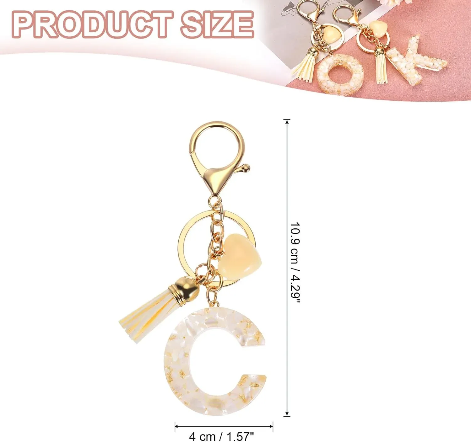 Initial Letter Keychain with Tassel and Lobster Clasp for Bag Purse Keys, Cream Gold C, Letter C Option, Daily Comfort Use — image 2