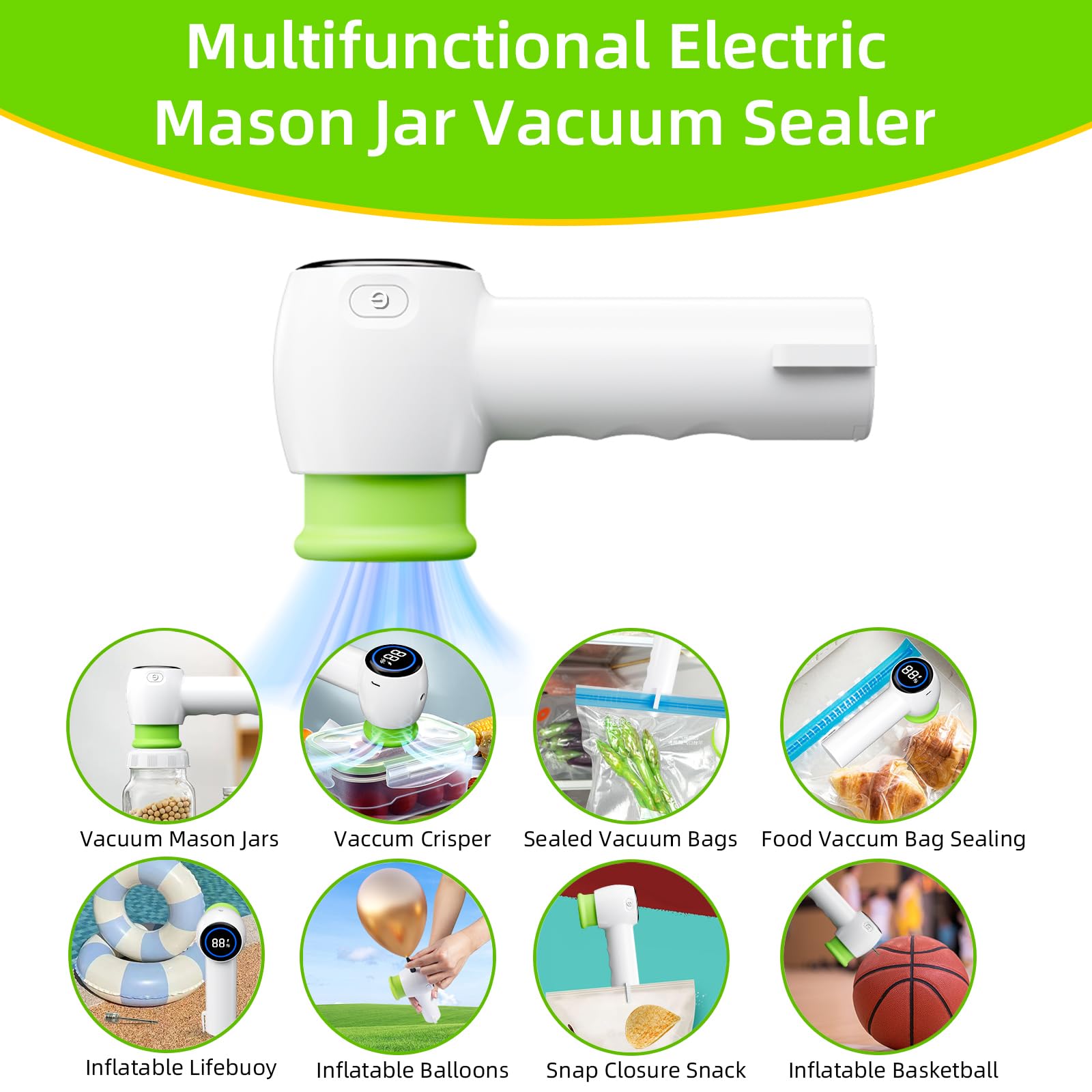 Green Electric Vacuum Sealer Kit – Portable Mason Jar & Bag Sealing Machine with Digital Display, USB Rechargeable, One-Touch Operation | Ideal for — image 3